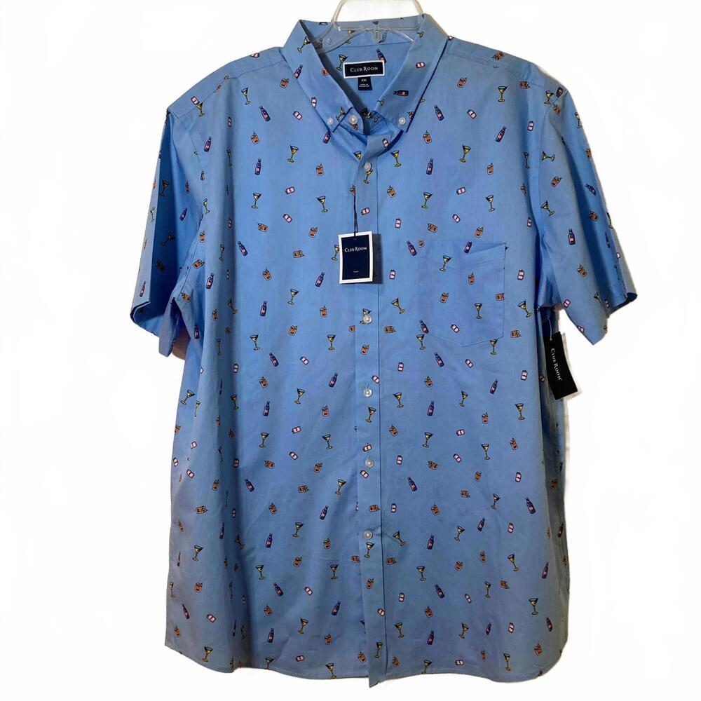 Club Room Men's Button Down Shirt Cotton Light Blue Fun Drinks Pattern Size XXL